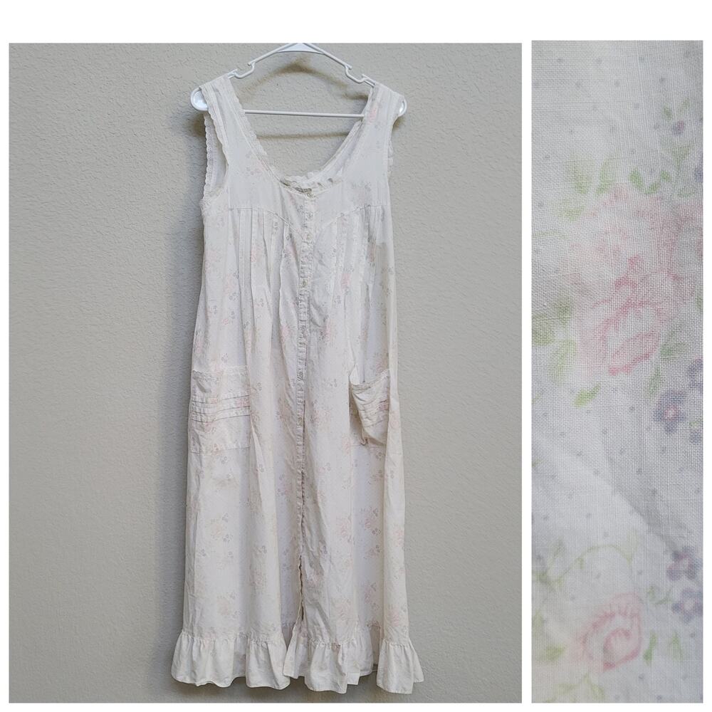 Cotton Nights Nightgown Women Small 6 Cream  Floral Sleeveless Ruffle Lace